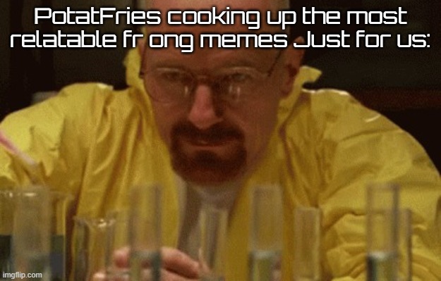 Walter White Cooking | PotatFries cooking up the most relatable fr ong memes Just for us: | image tagged in walter white cooking | made w/ Imgflip meme maker