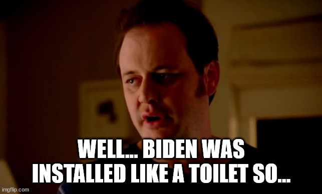 Jake from state farm | WELL... BIDEN WAS INSTALLED LIKE A TOILET SO... | image tagged in jake from state farm | made w/ Imgflip meme maker