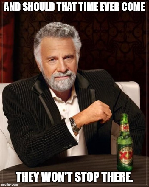 The Most Interesting Man In The World Meme | AND SHOULD THAT TIME EVER COME THEY WON'T STOP THERE. | image tagged in memes,the most interesting man in the world | made w/ Imgflip meme maker