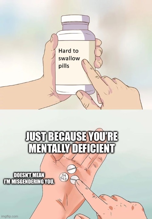 It’s your circus, not mine | JUST BECAUSE YOU’RE MENTALLY DEFICIENT; DOESN’T MEAN I’M MISGENDERING YOU. | image tagged in memes,hard to swallow pills | made w/ Imgflip meme maker