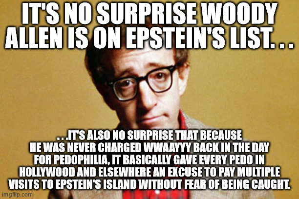 What happens when good laws aren't enforced. | IT'S NO SURPRISE WOODY ALLEN IS ON EPSTEIN'S LIST. . . . . .IT'S ALSO NO SURPRISE THAT BECAUSE HE WAS NEVER CHARGED WWAAYYY BACK IN THE DAY FOR PEDOPHILIA, IT BASICALLY GAVE EVERY PEDO IN HOLLYWOOD AND ELSEWHERE AN EXCUSE TO PAY MULTIPLE VISITS TO EPSTEIN'S ISLAND WITHOUT FEAR OF BEING CAUGHT. | image tagged in woody allen,pedophilia,jeffrey epstein,politics | made w/ Imgflip meme maker