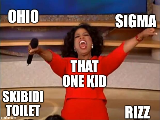 Oprah You Get A Meme | SIGMA; OHIO; THAT ONE KID; SKIBIDI TOILET; RIZZ | image tagged in memes,oprah you get a | made w/ Imgflip meme maker