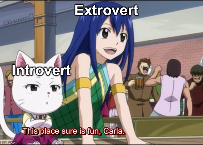 Introverts and Extroverts Fairy Tail Meme | Extrovert; ChristinaO; Introvert | image tagged in memes,fairy tail,fairy tail meme,wendy marvell,carla fairy tail,introverts | made w/ Imgflip meme maker
