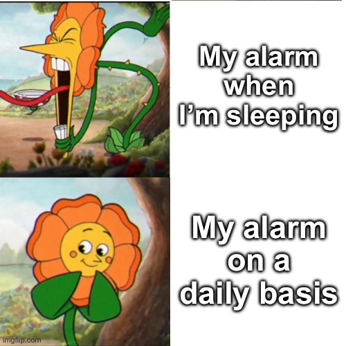 Why why why | My alarm when I’m sleeping; My alarm on a daily basis | image tagged in cuphead flower,memes,true story | made w/ Imgflip meme maker