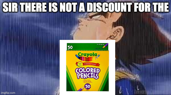 sad vegeta | SIR THERE IS NOT A DISCOUNT FOR THE | image tagged in sad vegeta | made w/ Imgflip meme maker