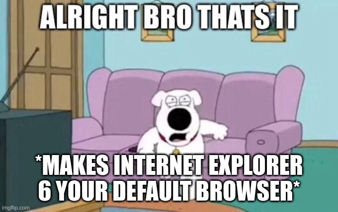 IE 6 is now your default browser | *MAKES INTERNET EXPLORER 6 YOUR DEFAULT BROWSER* | image tagged in alright bro that's it,internet explorer,windows xp,family guy,brian griffin,reaction | made w/ Imgflip meme maker