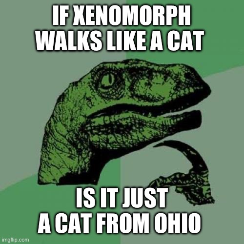 Philosoraptor | IF XENOMORPH WALKS LIKE A CAT; IS IT JUST A CAT FROM OHIO | image tagged in memes,philosoraptor | made w/ Imgflip meme maker