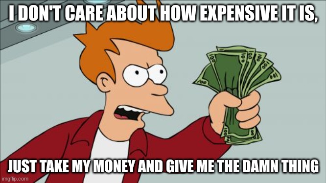 Shut Up And Take My Money Fry Meme | I DON'T CARE ABOUT HOW EXPENSIVE IT IS, JUST TAKE MY MONEY AND GIVE ME THE DAMN THING | image tagged in memes,shut up and take my money fry | made w/ Imgflip meme maker
