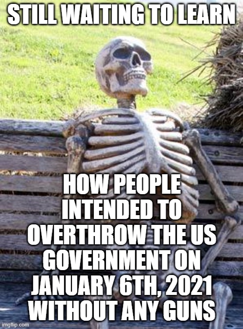 Insurrection How, Exactly? | STILL WAITING TO LEARN; HOW PEOPLE INTENDED TO OVERTHROW THE US GOVERNMENT ON JANUARY 6TH, 2021 WITHOUT ANY GUNS | image tagged in january,capitol hill,riot,mainstream media,biased media,media lies | made w/ Imgflip meme maker