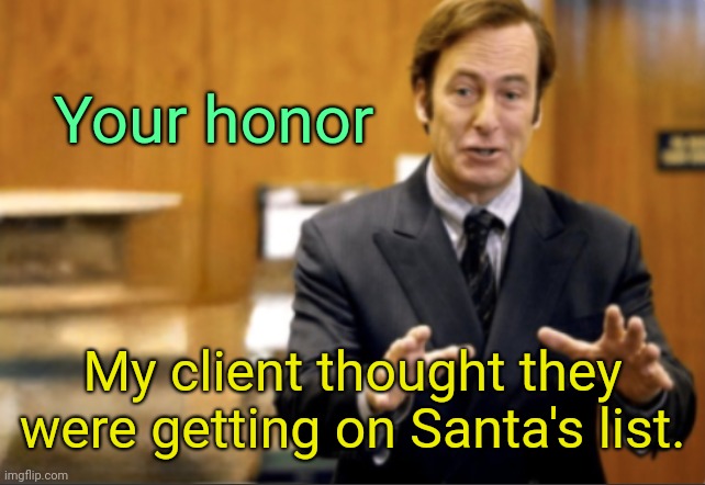 . | Your honor; My client thought they were getting on Santa's list. | image tagged in saul goodman defending | made w/ Imgflip meme maker