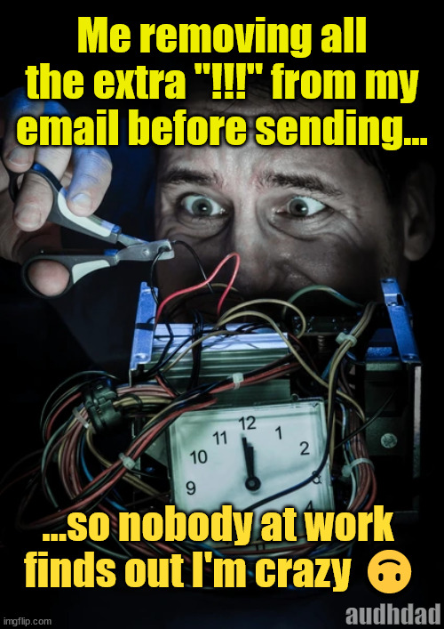 Masking in the work emails | Me removing all the extra "!!!" from my email before sending... ...so nobody at work 
finds out I'm crazy 🙃; audhdad | image tagged in emails,memes,defusing,masking,adhd,audhd | made w/ Imgflip meme maker