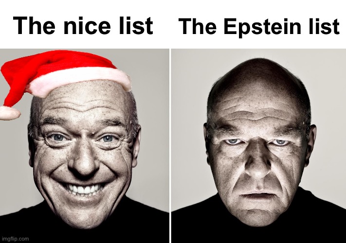 Dean Norris's reaction | The nice list The Epstein list | image tagged in dean norris's reaction | made w/ Imgflip meme maker