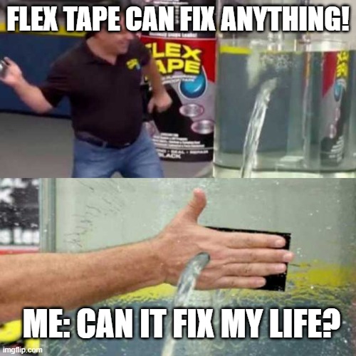 funny meme | FLEX TAPE CAN FIX ANYTHING! ME: CAN IT FIX MY LIFE? | image tagged in bad counter | made w/ Imgflip meme maker