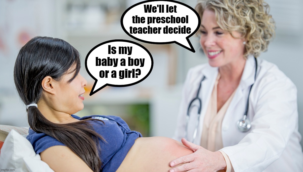 The "assignment" must wait until junior heads off to school | We'll let the preschool teacher decide; Is my baby a boy or a girl? | image tagged in liberals,liberal logic,liberal hypocrisy,liberal media,hollywood liberals,stupid liberals | made w/ Imgflip meme maker