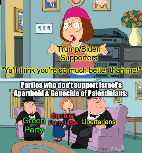 Maybe stop supporting apartheid & genocide | Trump/Biden Supporters; "Ya'll think you're so much better than me!"; Parties who don't support Israel's Apartheid & Genocide of Palestinians:; Socialist Party USA; Libertarians; Green Party | image tagged in protest vote,green party,socialist party usa,libertarian party,israel,palestine | made w/ Imgflip meme maker
