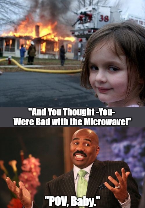 Pop-LawnDarts | "And You Thought -You- 
Were Bad with the Microwave!"; "POV, Baby." | image tagged in breakfast is served,disaster girl,breakfast is charred,steve harvey shrugging,pop tarts,point of view | made w/ Imgflip meme maker