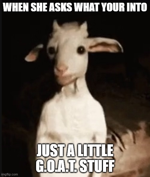 The Goat | WHEN SHE ASKS WHAT YOUR INTO; JUST A LITTLE G.O.A.T. STUFF | image tagged in the goat,goat,greatest of all time,the great awakening,sexual harassment,sexual assault | made w/ Imgflip meme maker