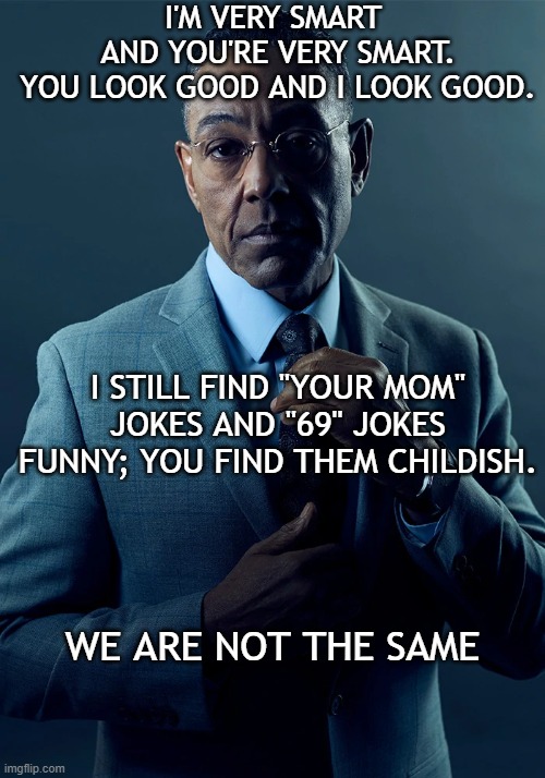 Not The Same Mom Jokes | I'M VERY SMART 

AND YOU'RE VERY SMART.

YOU LOOK GOOD AND I LOOK GOOD. I STILL FIND "YOUR MOM" JOKES AND "69" JOKES FUNNY; YOU FIND THEM CHILDISH. WE ARE NOT THE SAME | image tagged in we are not the same | made w/ Imgflip meme maker