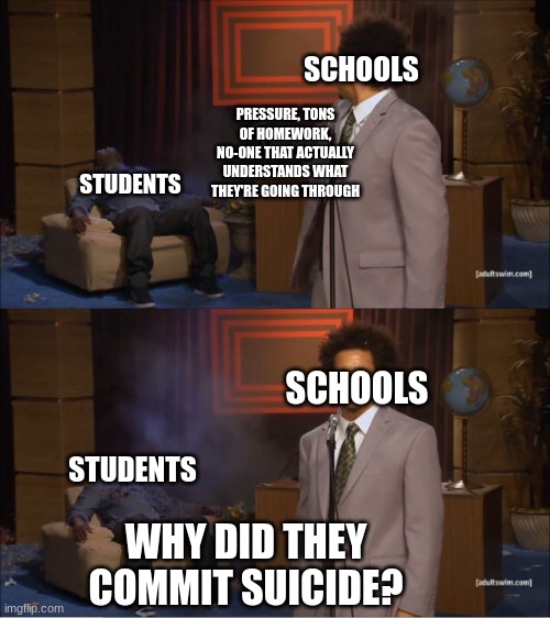 Who Killed Hannibal Meme | SCHOOLS; PRESSURE, TONS OF HOMEWORK, NO-ONE THAT ACTUALLY UNDERSTANDS WHAT THEY'RE GOING THROUGH; STUDENTS; SCHOOLS; STUDENTS; WHY DID THEY COMMIT SUICIDE? | image tagged in memes,who killed hannibal | made w/ Imgflip meme maker