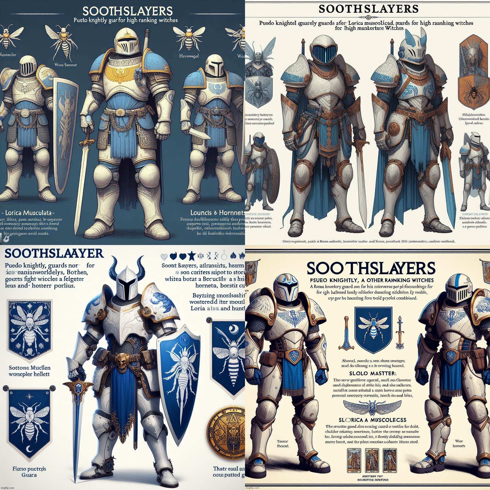 Ai Bing: Soothslayers-a psuedo knightly order meant to be villains, but wound up looking like good guys. | image tagged in ai generated,knight,gladiator,white cat,witch,hornet | made w/ Imgflip meme maker