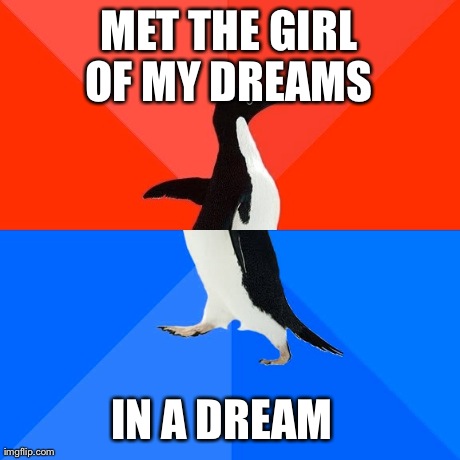 Socially Awesome Awkward Penguin Meme | MET THE GIRL OF MY DREAMS  IN A DREAM | image tagged in memes,socially awesome awkward penguin,AdviceAnimals | made w/ Imgflip meme maker
