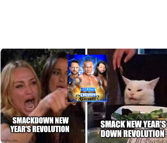 Smackdown | SMACK NEW YEAR'S DOWN REVOLUTION; SMACKDOWN NEW YEAR'S REVOLUTION | image tagged in lady screams at cat | made w/ Imgflip meme maker