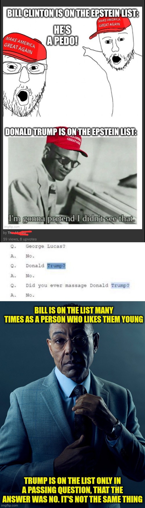 Lying by admission | BILL IS ON THE LIST MANY TIMES AS A PERSON WHO LIKES THEM YOUNG; TRUMP IS ON THE LIST ONLY IN A PASSING QUESTION, THAT THE ANSWER WAS NO. IT'S NOT THE SAME THING | image tagged in we are not the same,lying,leftists | made w/ Imgflip meme maker