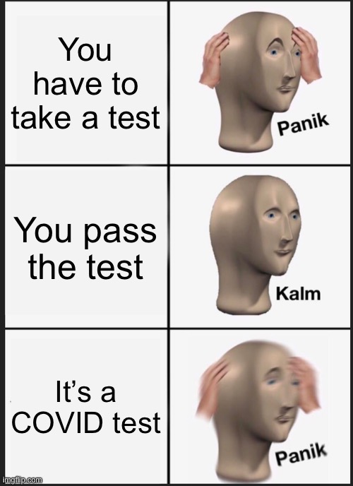 This is the one test you WANT to fail | You have to take a test; You pass the test; It’s a COVID test | image tagged in memes,panik kalm panik,covid-19,covid,test | made w/ Imgflip meme maker