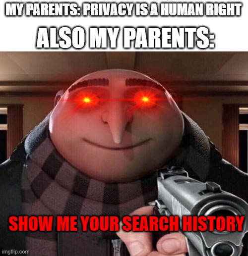 parents | MY PARENTS: PRIVACY IS A HUMAN RIGHT; ALSO MY PARENTS:; SHOW ME YOUR SEARCH HISTORY | image tagged in gru gun,parents | made w/ Imgflip meme maker