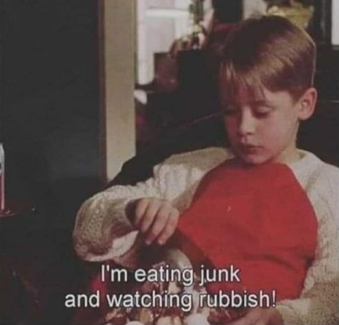MACAULEY CULKIN "I'M EATING JUNK AND WATCHING RUBBISH" Blank Meme Template