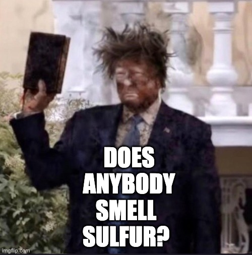 Sulfur in the Air | DOES
ANYBODY; SMELL
SULFUR? | image tagged in donaldtrump,bible,smite,antichrist,trumpstinks,dirty diaper | made w/ Imgflip meme maker
