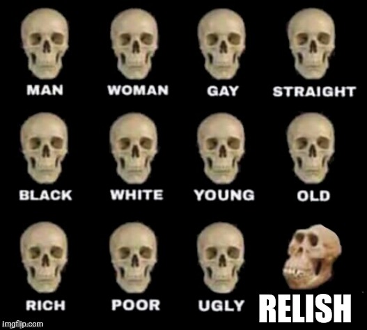 Relish | RELISH | image tagged in idiot skull,food memes | made w/ Imgflip meme maker
