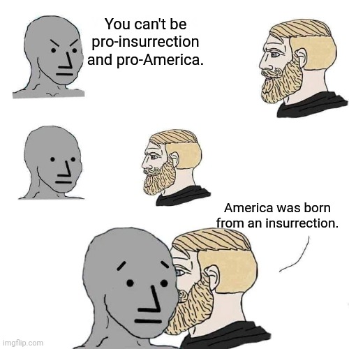 Sorry Joe, but you're a redcoat. | You can't be pro-insurrection and pro-America. America was born from an insurrection. | image tagged in chad approaching npc | made w/ Imgflip meme maker