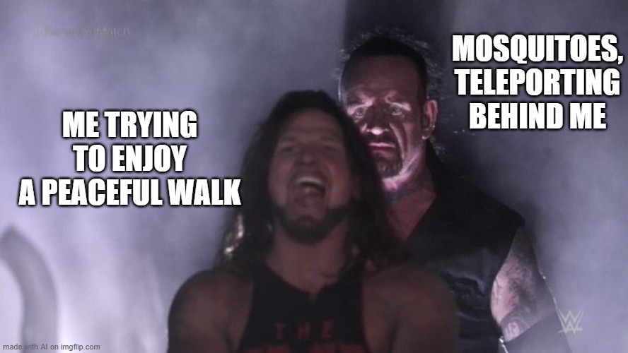 SciFi mosquitos everywhere | MOSQUITOES, TELEPORTING BEHIND ME; ME TRYING TO ENJOY A PEACEFUL WALK | image tagged in aj styles undertaker,memes,ai meme,walk,mosquito | made w/ Imgflip meme maker