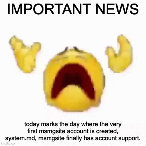 :nooo: | IMPORTANT NEWS; today marks the day where the very first msmgsite account is created, system.md, msmgsite finally has account support. | image tagged in nooo | made w/ Imgflip meme maker