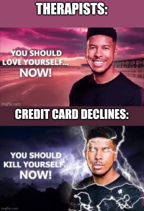 Your live is everything/nothing, you serve all/zero purpose, you should love/kill yourself NOW | THERAPISTS:; CREDIT CARD DECLINES: | image tagged in you should love yourself now,you should kill yourself now,therapist,credit card | made w/ Imgflip meme maker