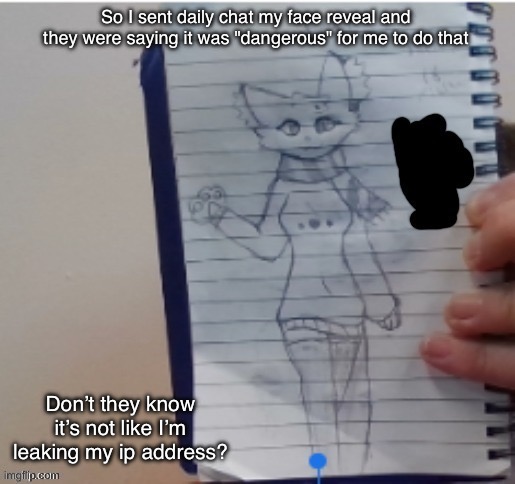 Scarf (drawn by Scarf and one of her irl friends) | So I sent daily chat my face reveal and they were saying it was "dangerous" for me to do that; Don’t they know it’s not like I’m leaking my ip address? | image tagged in scarf drawn by scarf and one of her irl friends | made w/ Imgflip meme maker