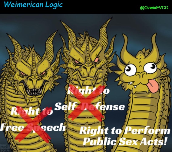 Weimerican Logic | Weimerican Logic; @OzwinEVCG | image tagged in occupied america,debauchery,three dragons,self defense,free speech,degeneration | made w/ Imgflip meme maker