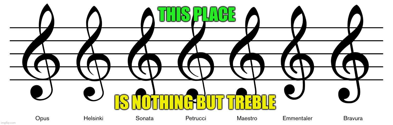 Treble | THIS PLACE; IS NOTHING BUT TREBLE | image tagged in treble | made w/ Imgflip meme maker