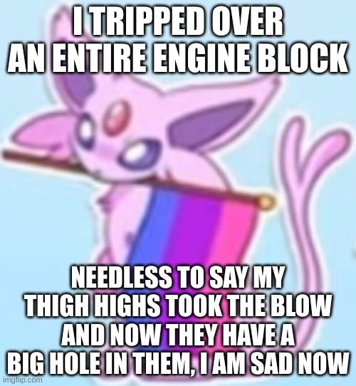 not to worry though, my boyfriend is fixing them for me :3 | I TRIPPED OVER AN ENTIRE ENGINE BLOCK; NEEDLESS TO SAY MY THIGH HIGHS TOOK THE BLOW AND NOW THEY HAVE A BIG HOLE IN THEM, I AM SAD NOW | image tagged in template | made w/ Imgflip meme maker