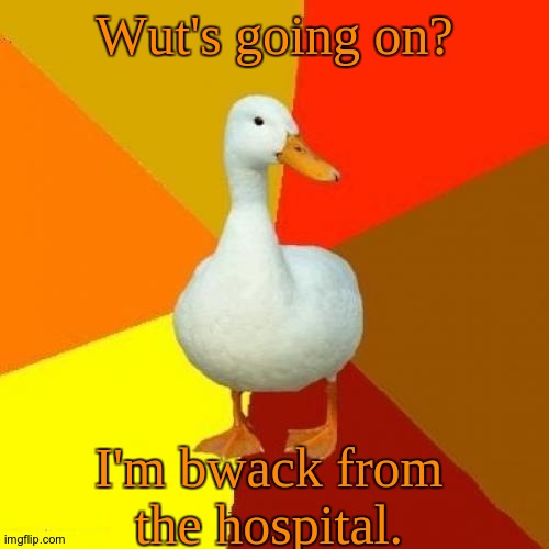 :D. | Wut's going on? I'm bwack from the hospital. | image tagged in tech impaired duck,hospital | made w/ Imgflip meme maker