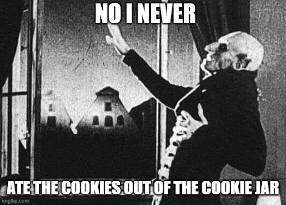 i never | NO I NEVER; ATE THE COOKIES OUT OF THE COOKIE JAR | image tagged in i never | made w/ Imgflip meme maker
