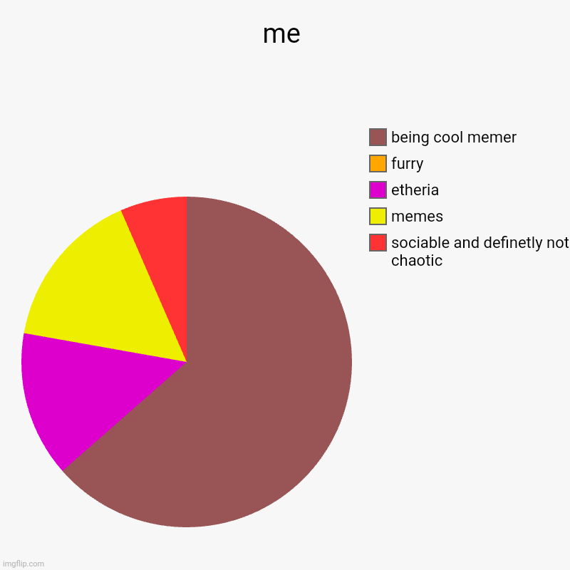 me | sociable and definetly not chaotic, memes, etheria, furry, being cool memer | image tagged in charts,pie charts | made w/ Imgflip chart maker