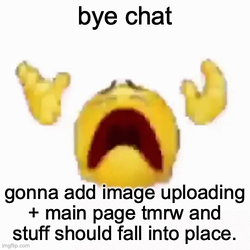 :nooo: | bye chat; gonna add image uploading + main page tmrw and stuff should fall into place. | image tagged in nooo | made w/ Imgflip meme maker