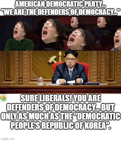 politics | SURE LIBERALS! YOU ARE DEFENDERS OF DEMOCRACY... BUT ONLY AS MUCH AS THE "DEMOCRATIC PEOPLE'S REPUBLIC OF KOREA". | image tagged in political meme | made w/ Imgflip meme maker