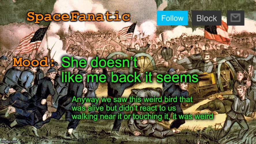 SpaceFanatic’s Civil War Announcement Template | She doesn’t like me back it seems; Anyway we saw this weird bird that was alive but didn’t react to us walking near it or touching it, it was weird | image tagged in spacefanatic s civil war announcement template | made w/ Imgflip meme maker
