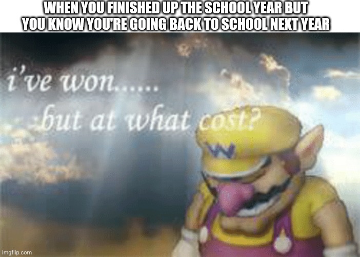 WHEN YOU FINISHED UP THE SCHOOL YEAR BUT YOU KNOW YOU'RE GOING BACK TO SCHOOL NEXT YEAR | image tagged in i've won but at what cost,school,relatable,relatable memes | made w/ Imgflip meme maker