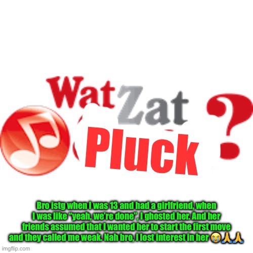 WatZatPluck announcement | Bro istg when I was 13 and had a girlfriend, when I was like “yeah, we’re done”, I ghosted her. And her friends assumed that I wanted her to start the first move and they called me weak. Nah bro, I lost interest in her 😭🙏🙏 | image tagged in watzatpluck announcement | made w/ Imgflip meme maker