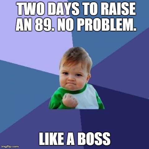 Success Baby | TWO DAYS TO RAISE AN 89. NO PROBLEM. LIKE A BOSS | image tagged in memes,success kid | made w/ Imgflip meme maker