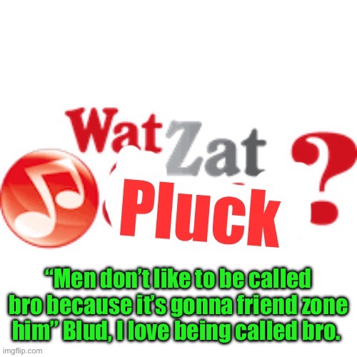WatZatPluck announcement | “Men don’t like to be called bro because it’s gonna friend zone him” Blud, I love being called bro. | image tagged in watzatpluck announcement | made w/ Imgflip meme maker